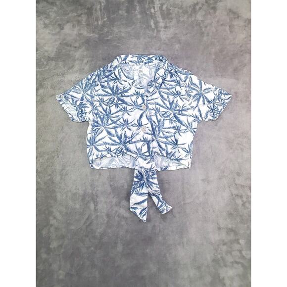 BDG Tops - BDG UO 100% Linen Sz S Palm Tree Blue White Cropped Tie Front Button Up Shirt 26